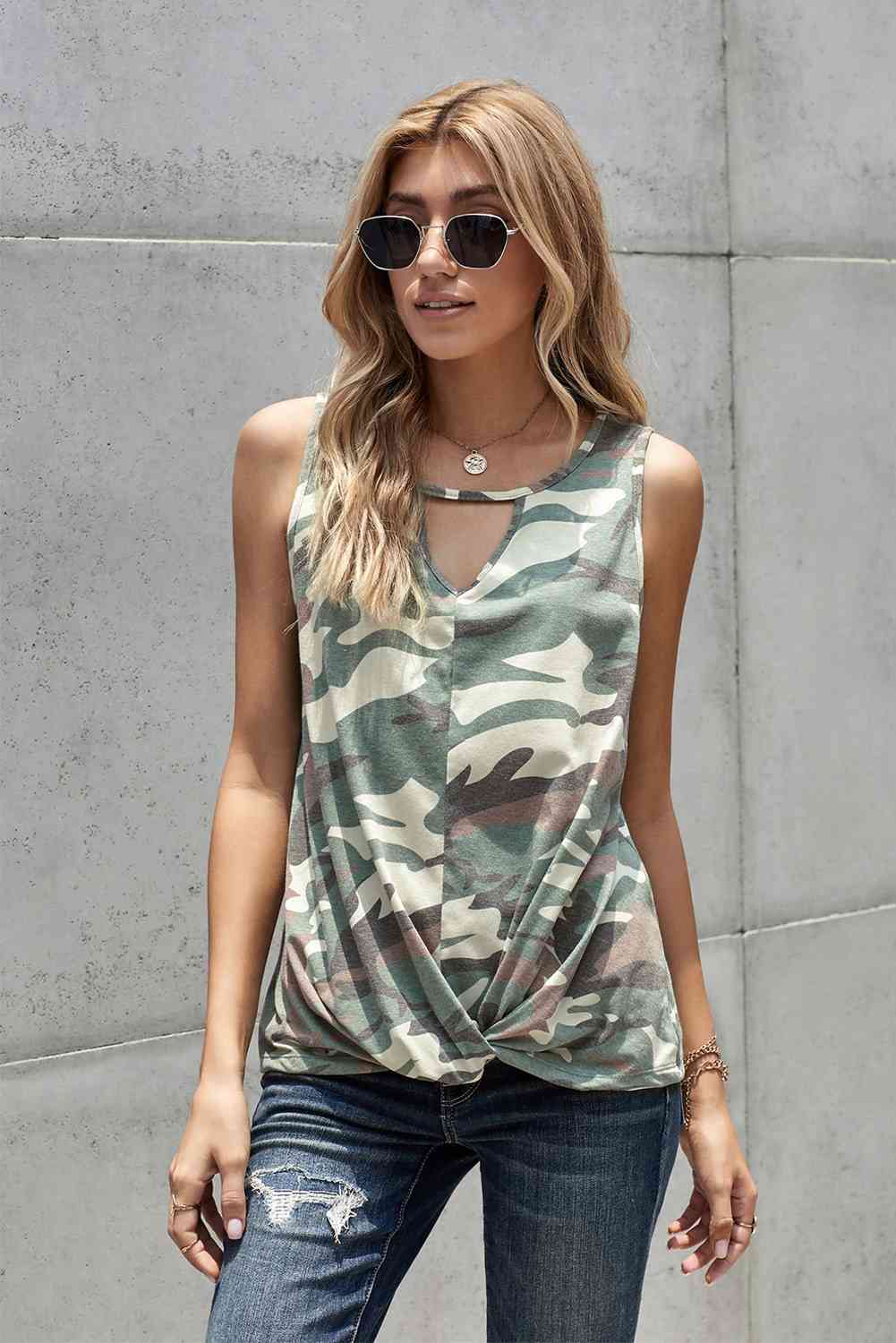 Camouflage Print Cutout Hem Detail Tank