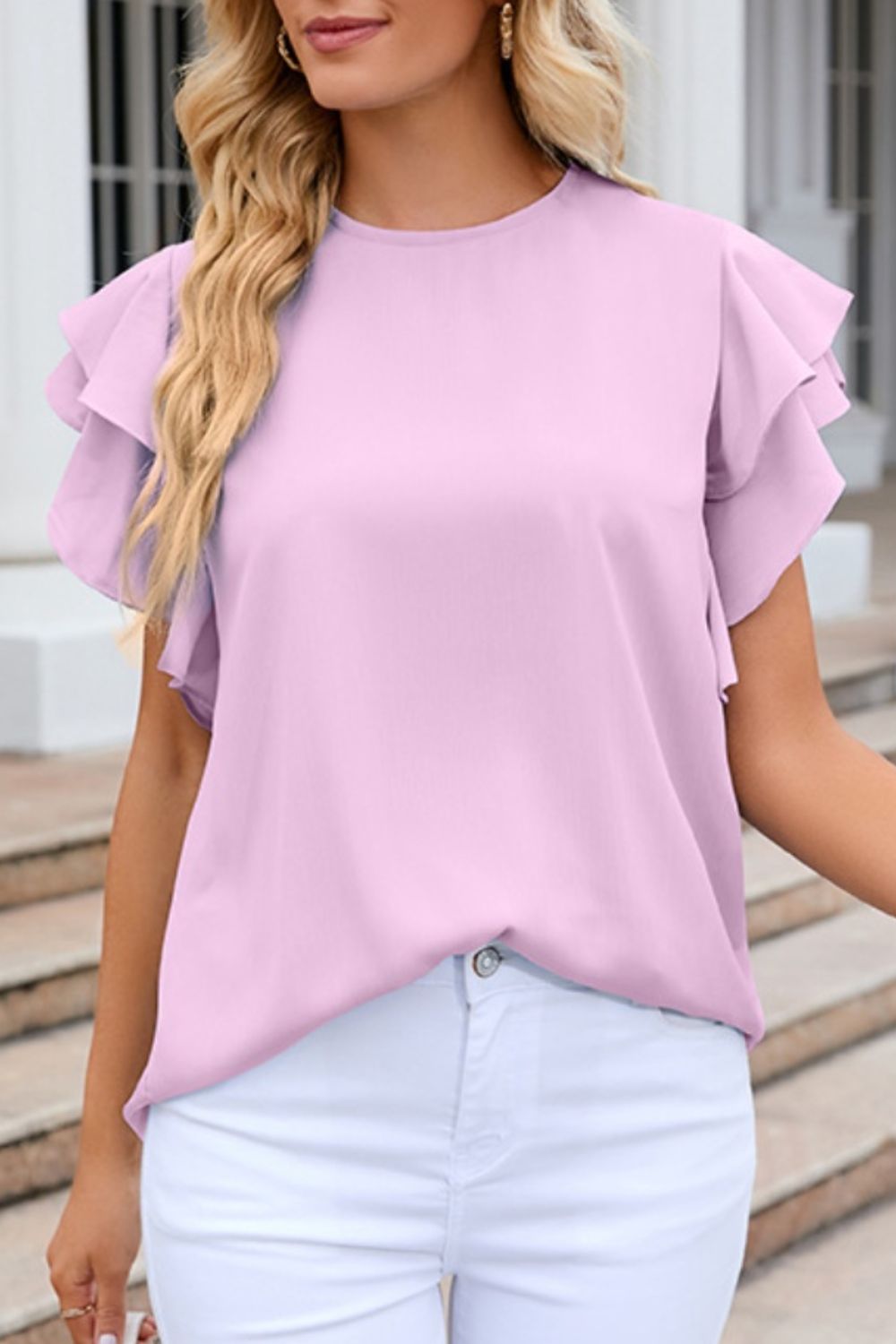 Ruffled Round Neck Cap Sleeve Blouse