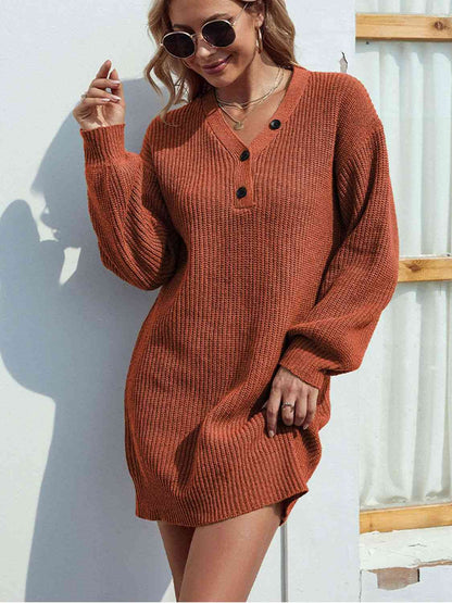 Buttoned V-Neck Sweater Dress