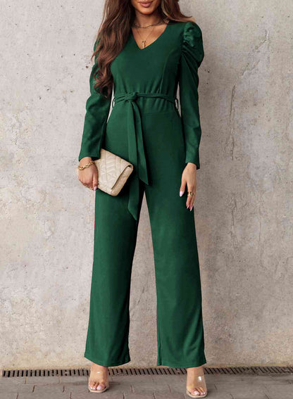 Belted Long Puff Sleeve V-Neck Jumpsuit