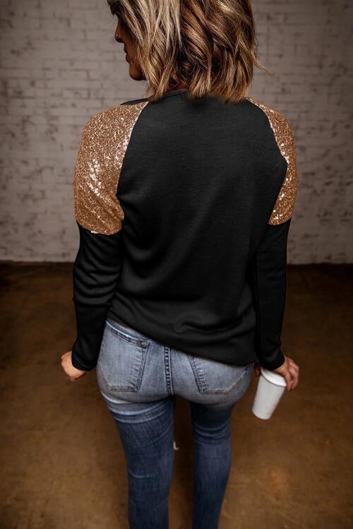 BELIEVE Sequin Long Sleeve Round Neck Blouse