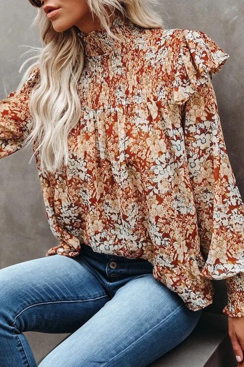 Floral Smocked Lantern Sleeve Ruffled Blouse