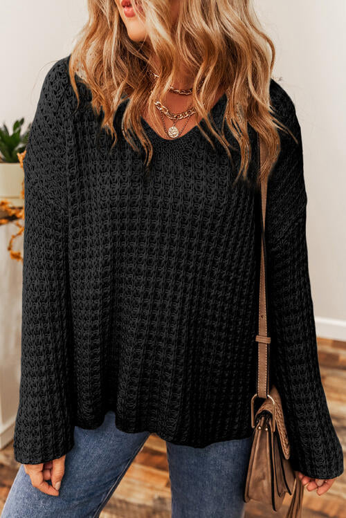 Openwork Round Neck Long Sleeve Sweater