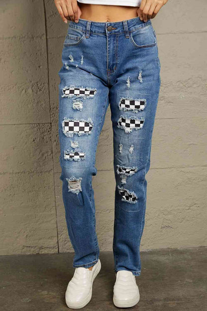 Baeful Checkered Patchwork Mid Waist Distressed Jeans