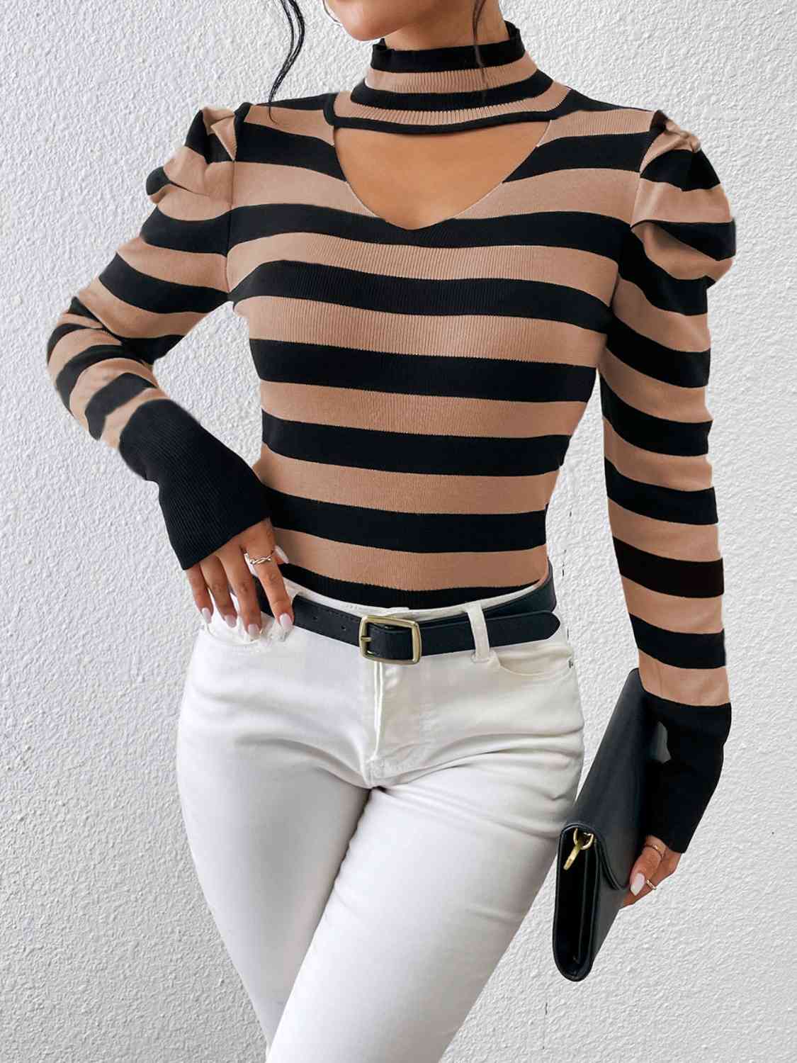 Striped Cutout Mock Neck Knit Top