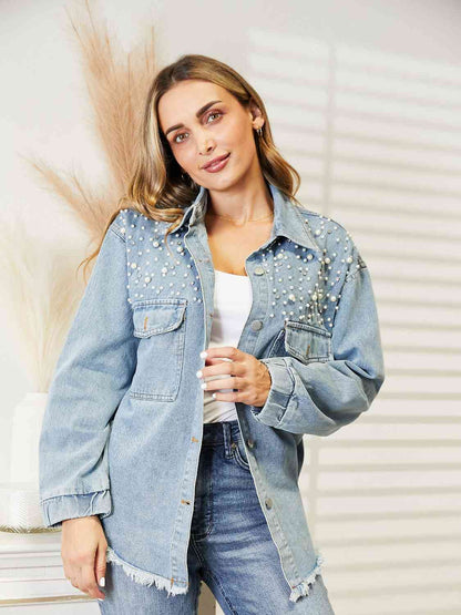 Collared Neck Raw Hem Dropped Shoulder Denim Jacket