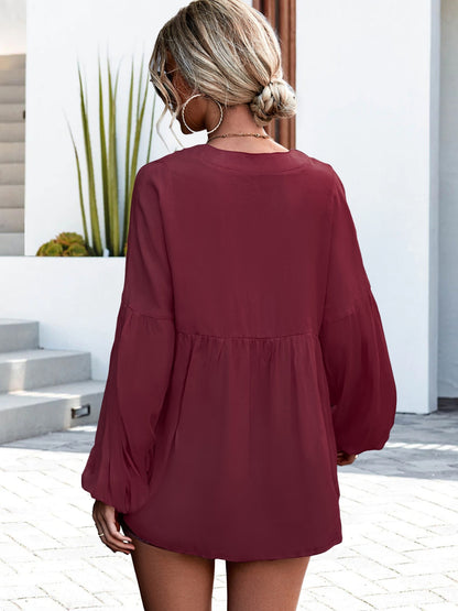 V-Neck Buttoned Balloon Sleeve Blouse