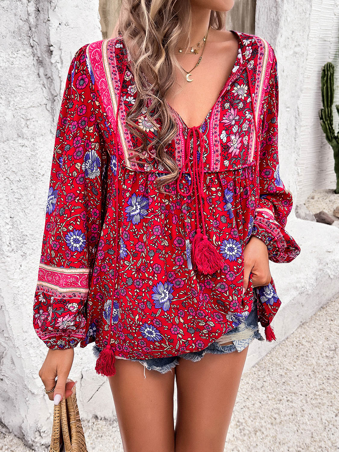 Printed Tie Neck Long Sleeve Blouse