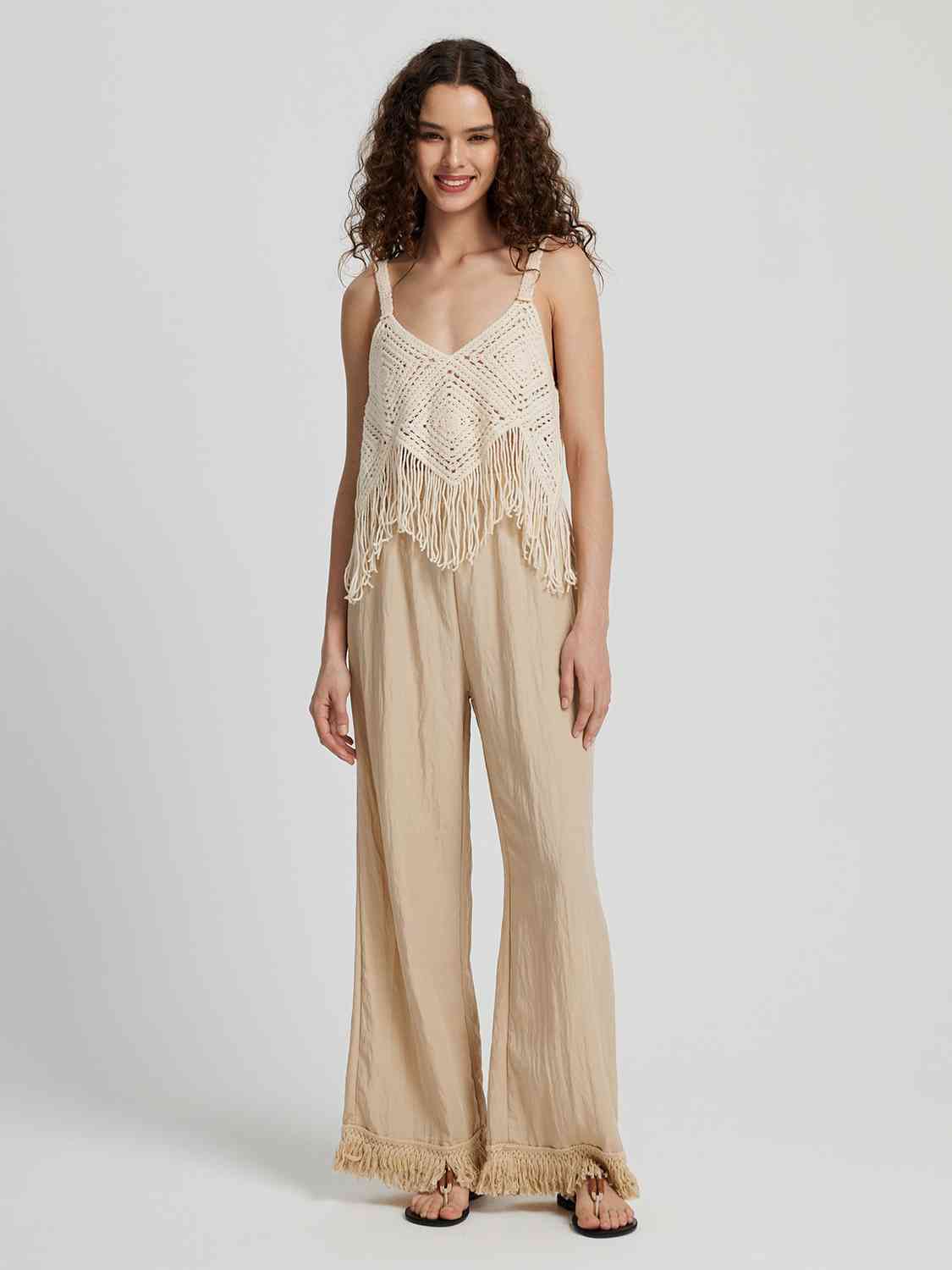 Fringe Hem Wide Leg Long Pants