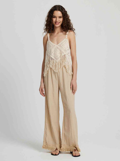 Fringe Hem Wide Leg Long Pants