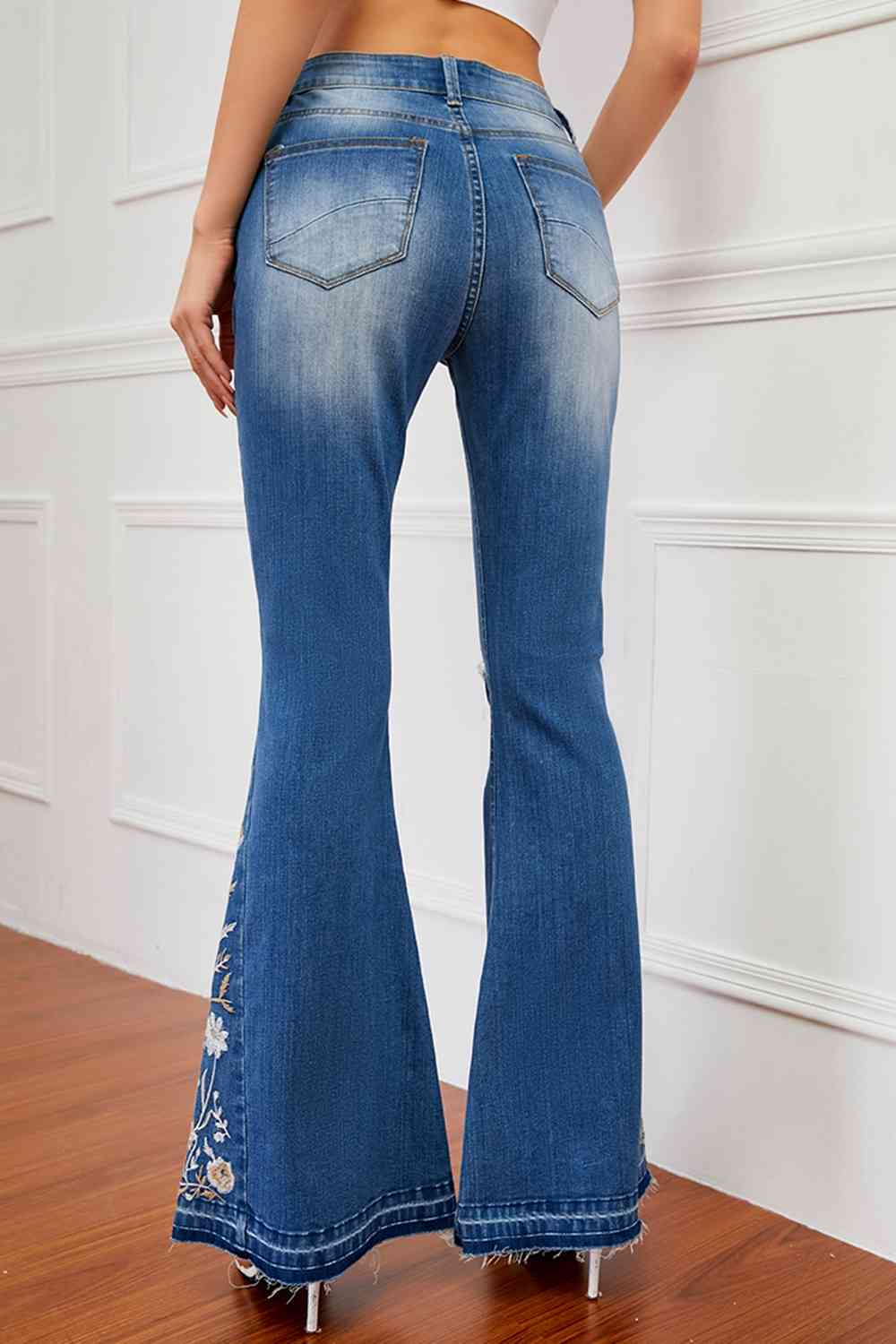 Full Size Flower Embroidery Distressed Jeans