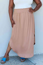 Doublju Comfort Princess Full Size High Waist Scoop Hem Maxi Skirt in Tan