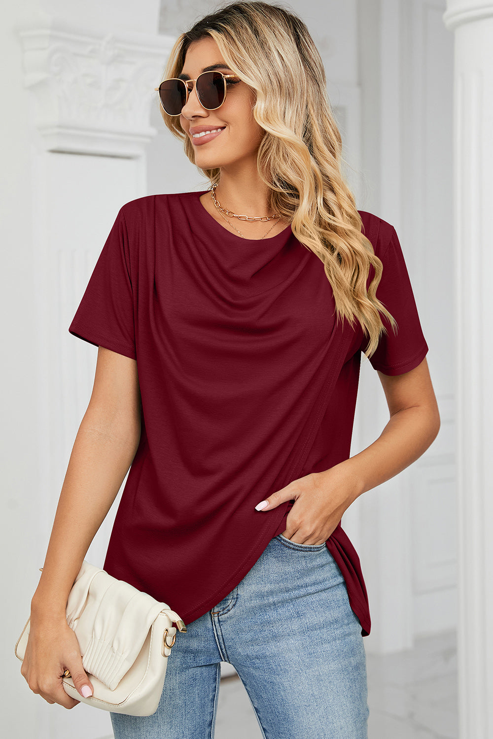 Cowl Neck Short Sleeve T-Shirt