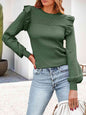 Ribbed Ruffled Round Neck Long Sleeve Knit-Top