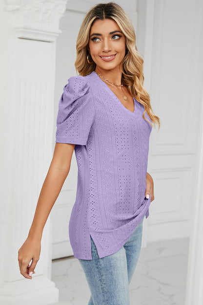 Eyelet V-Neck Short Sleeve Blouse