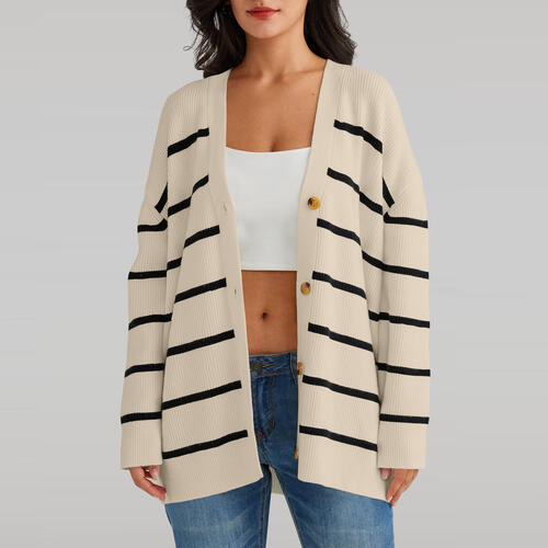 Striped V-Neck Long Sleeve Cardigan