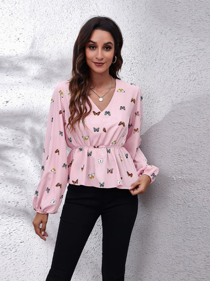 Butterfly V-Neck Balloon Sleeve Peplum Blouse