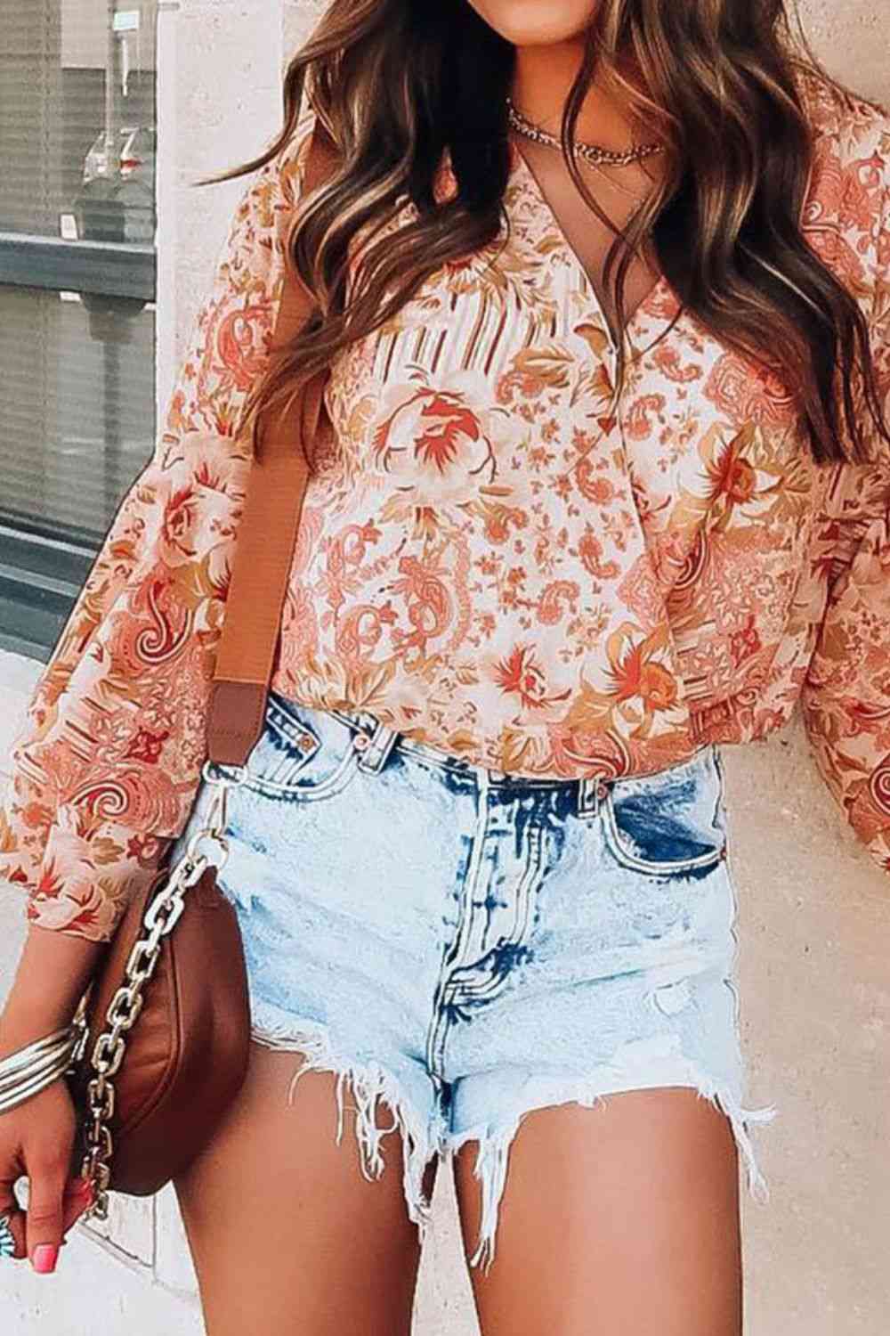 Floral Surplice Flare Sleeve Bodysuit