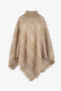 Plaid Turtleneck Fringe Hem Poncho