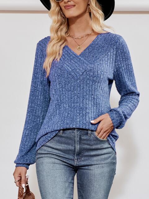 V-Neck Ribbed Long Sleeve Top