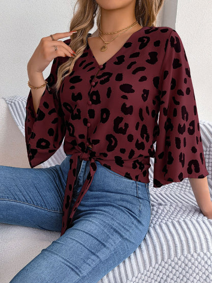 Tied Button Up Leopard V-Neck Blouse