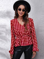 Plaid V-Neck Balloon Sleeve Peplum Blouse