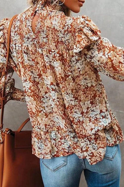 Floral Smocked Lantern Sleeve Ruffled Blouse