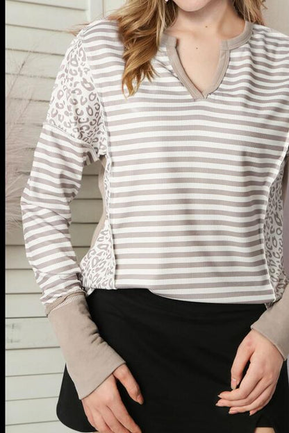 Exposed Seam Striped Notched Blouse