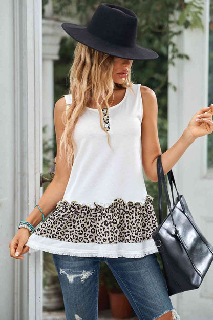 Leopard Color Block Frill Trim Tank Top