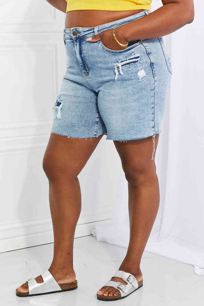 Judy Blue Hallie Mid-Length Denim Patch Shorts