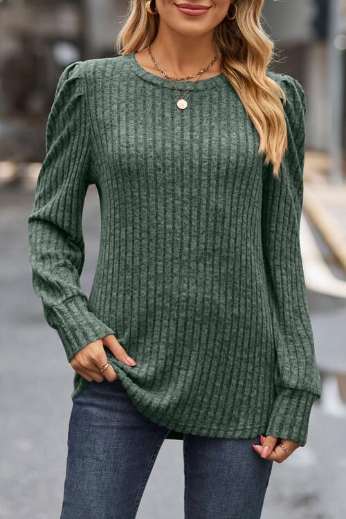 Ribbed Round Neck Long Sleeve Knit Top