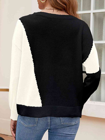 Contrast Round Neck Long Sleeve Knit Top