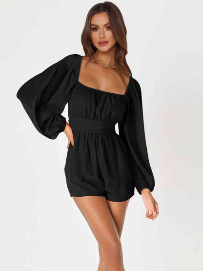 Tie Back Smocked Balloon Sleeve Romper