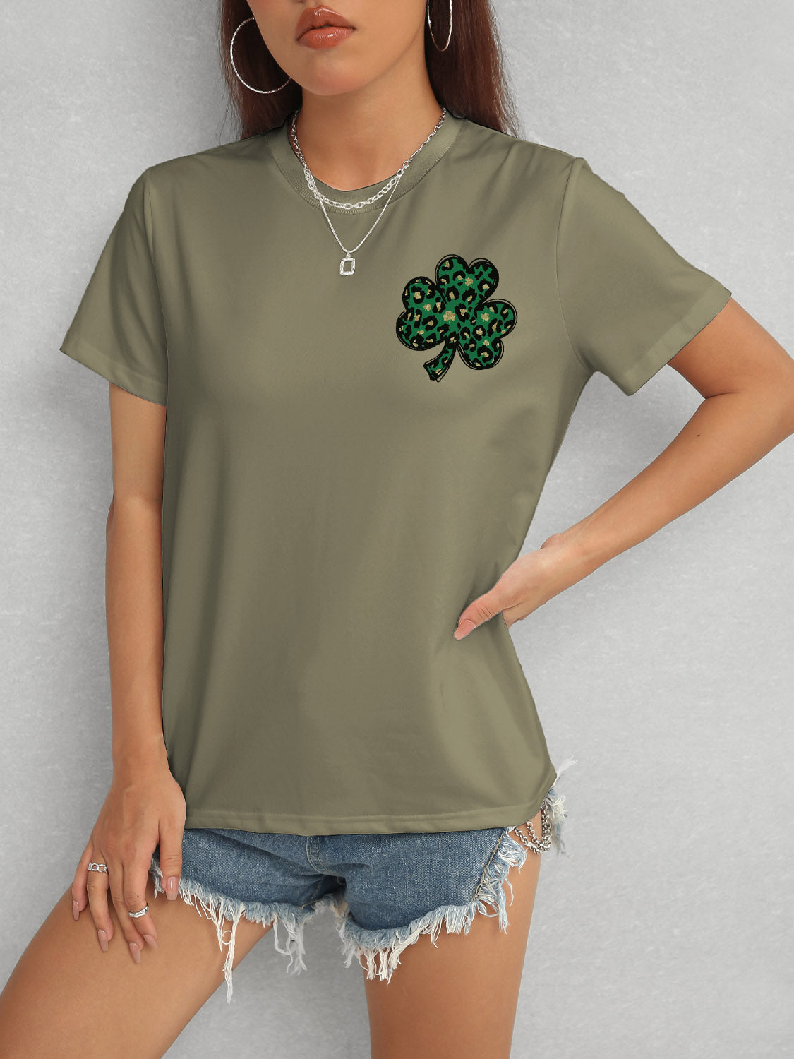 Lucky Clover Round Neck Short Sleeve T-Shirt