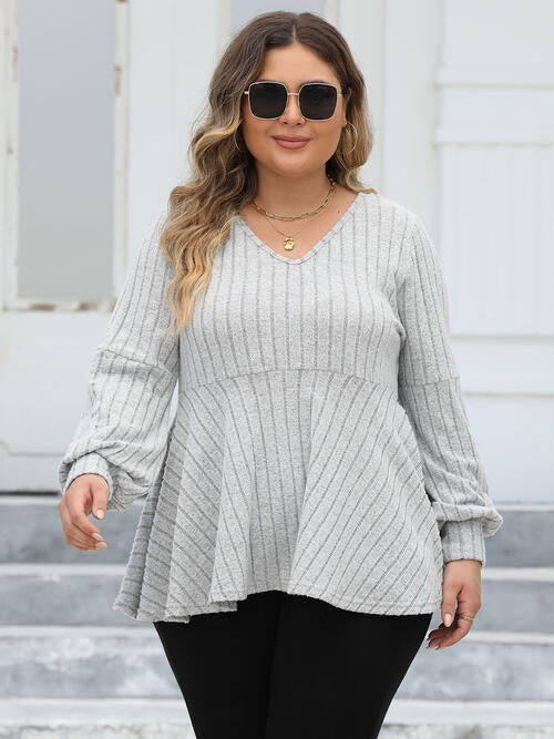 Plus Size Ribbed V-Neck Long Sleeve Blouse