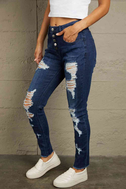 Baeful Distressed Button Fly Raw Hem Jeans