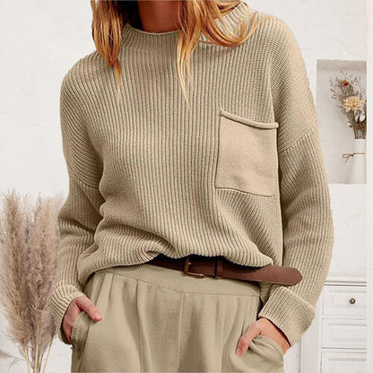 Ribbed Dropped Shoulder Sweater with Pocket