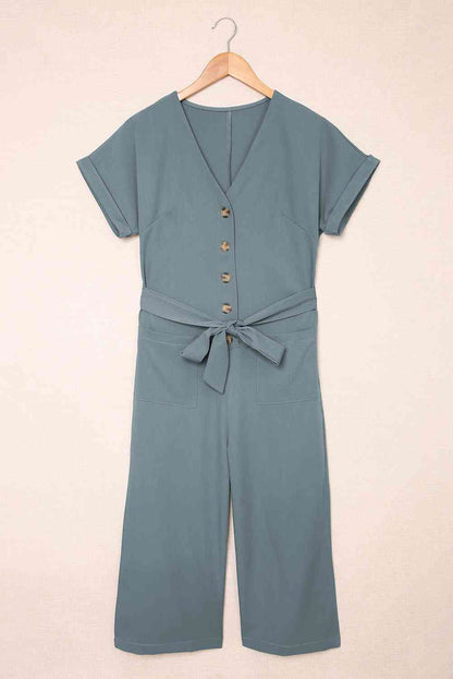 Tie-Waist Buttoned Cropped Jumpsuit