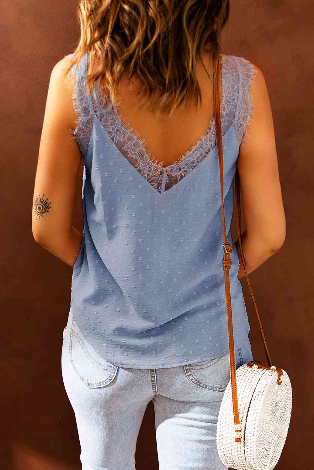 Swiss Dot Lace Trim V-Neck Tank