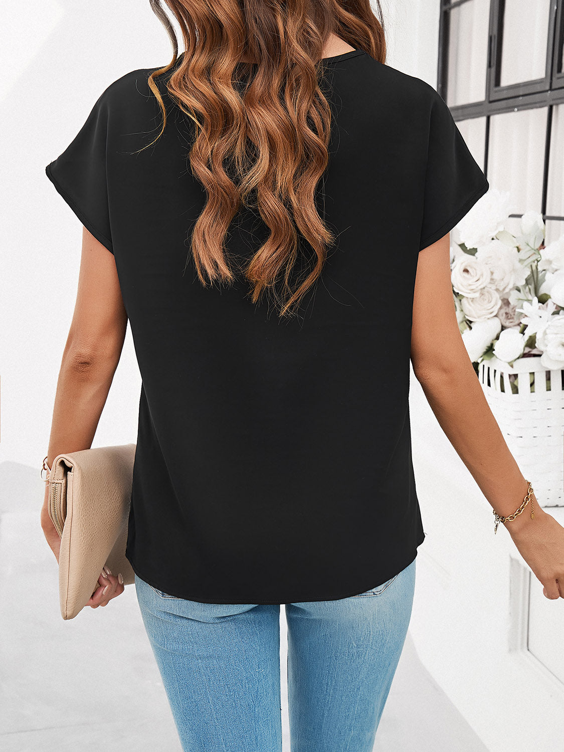 Lace Detail V-Neck Cap Sleeve Blouse