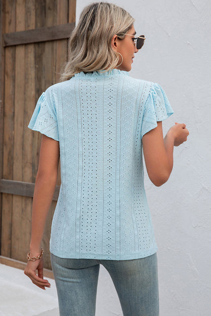 Eyelet Notched Flutter Sleeve T-Shirt