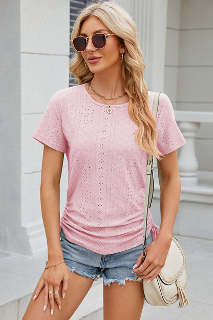 Eyelet Round Neck Short Sleeve T-Shirt