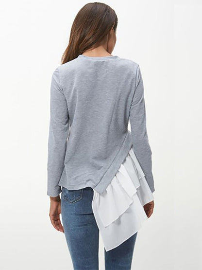 Tiered Contrast Round Neck Long Sleeve T-Shirt