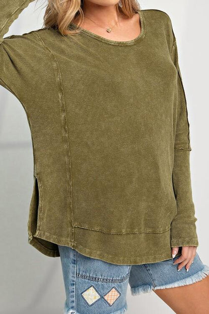 Exposed Seam Round Neck Long Sleeve Blouse