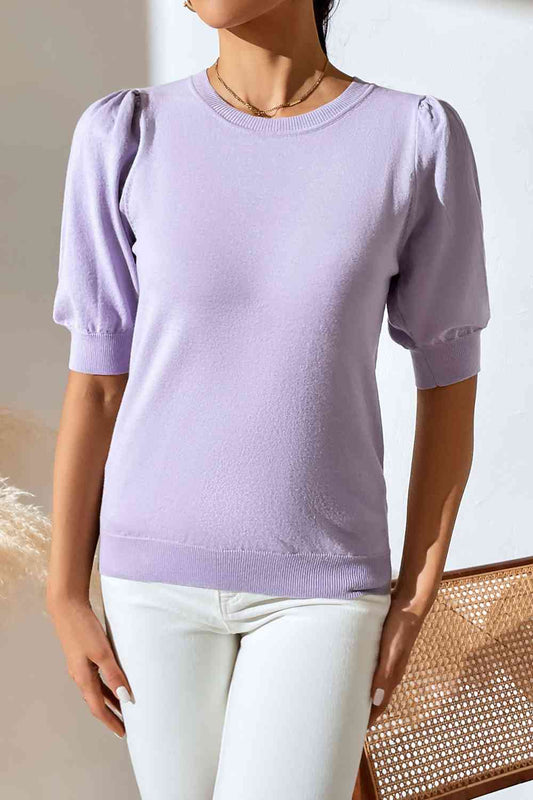 Round Neck Puff Sleeve Knit Top