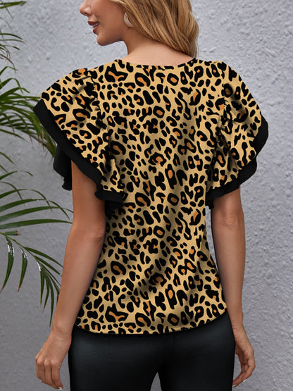 Leopard Round Neck Flounce Sleeve Blouse