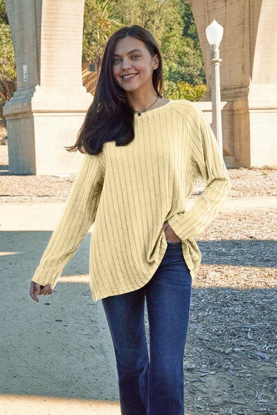 Basic Bae Full Size Ribbed Round Neck Long Sleeve Knit Top