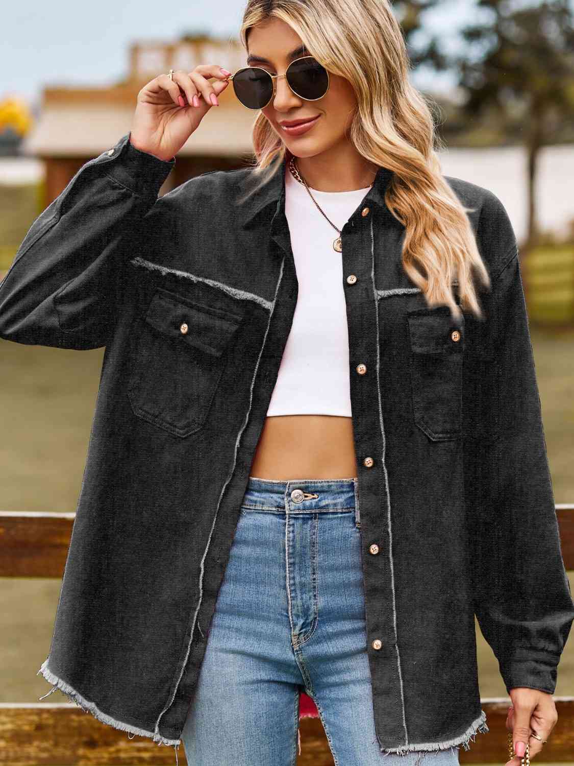 Button Up Collared Neck Raw Hem Denim Top