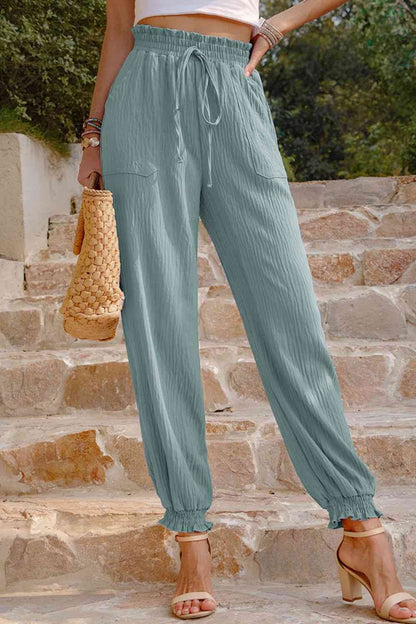 Textured Smocked Waist Pants with Pockets