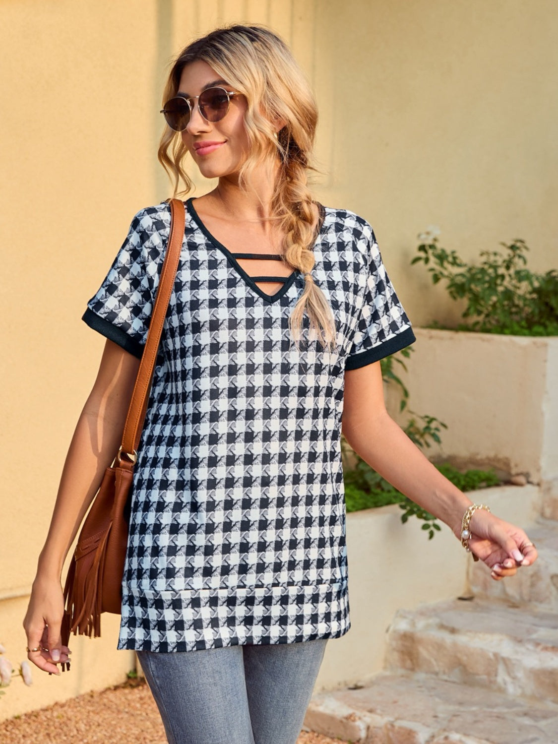 Houndstooth V-Neck Short Sleeve T-Shirt